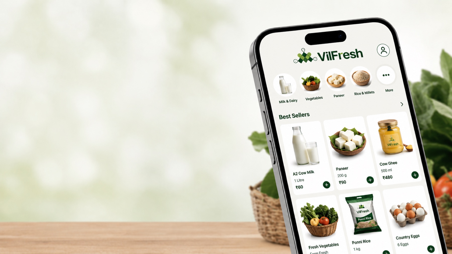 VilFresh app on a smartphone showing best sellers like A2 Cow Milk, Paneer and Cow Ghee