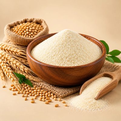 VilFresh rava (semolina) in a pouch and wooden bowl