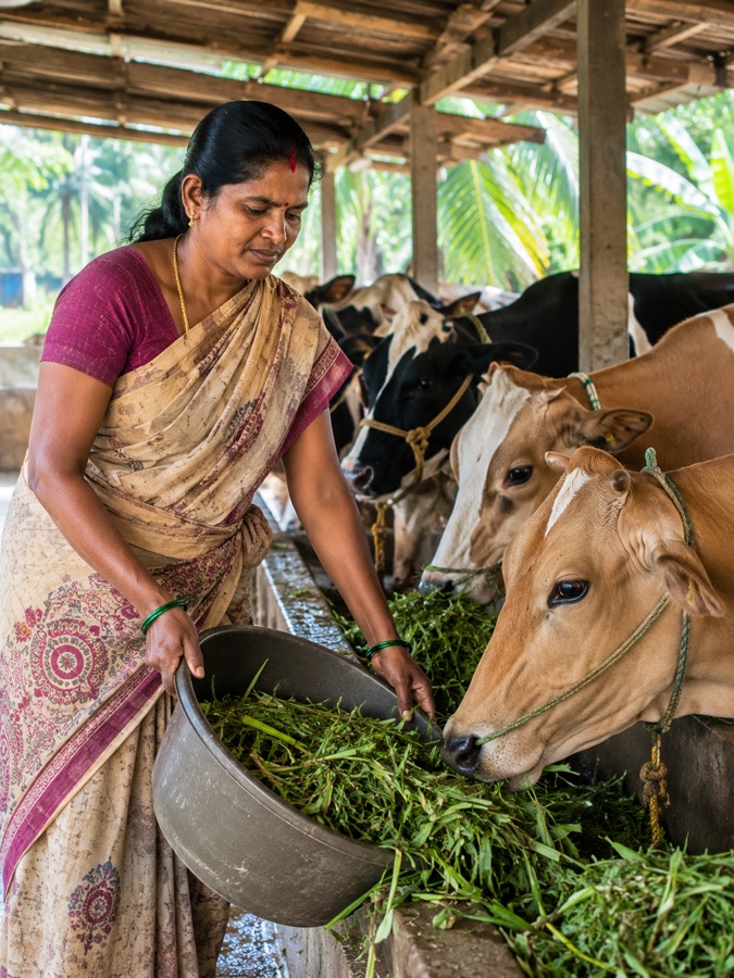 Dhanalaxshmi, dairy farmer in Coimbatore, feeding her cows