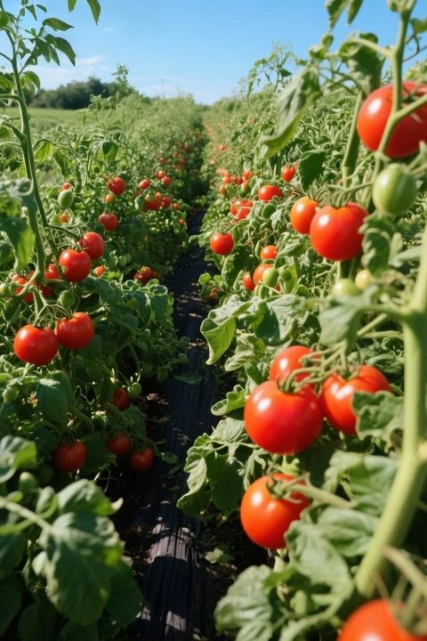 Rows of ripe tomatoes growing at Kaapiyam Organic Farm