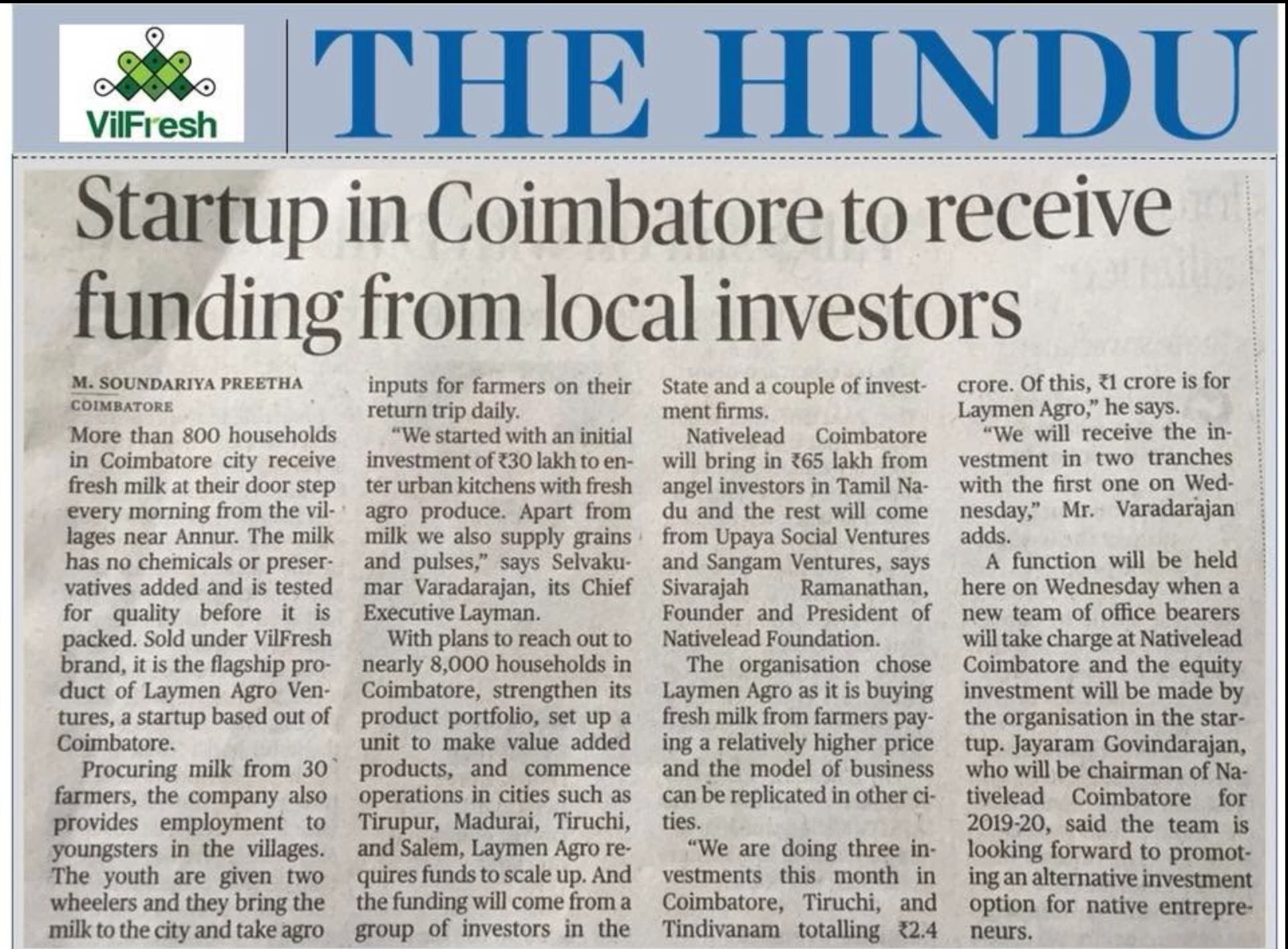 The Hindu: 'Startup in Coimbatore to receive funding from local investors'