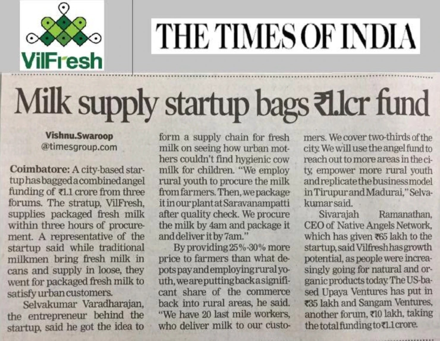 The Times of India: 'Milk supply startup bags ₹1.1cr fund'