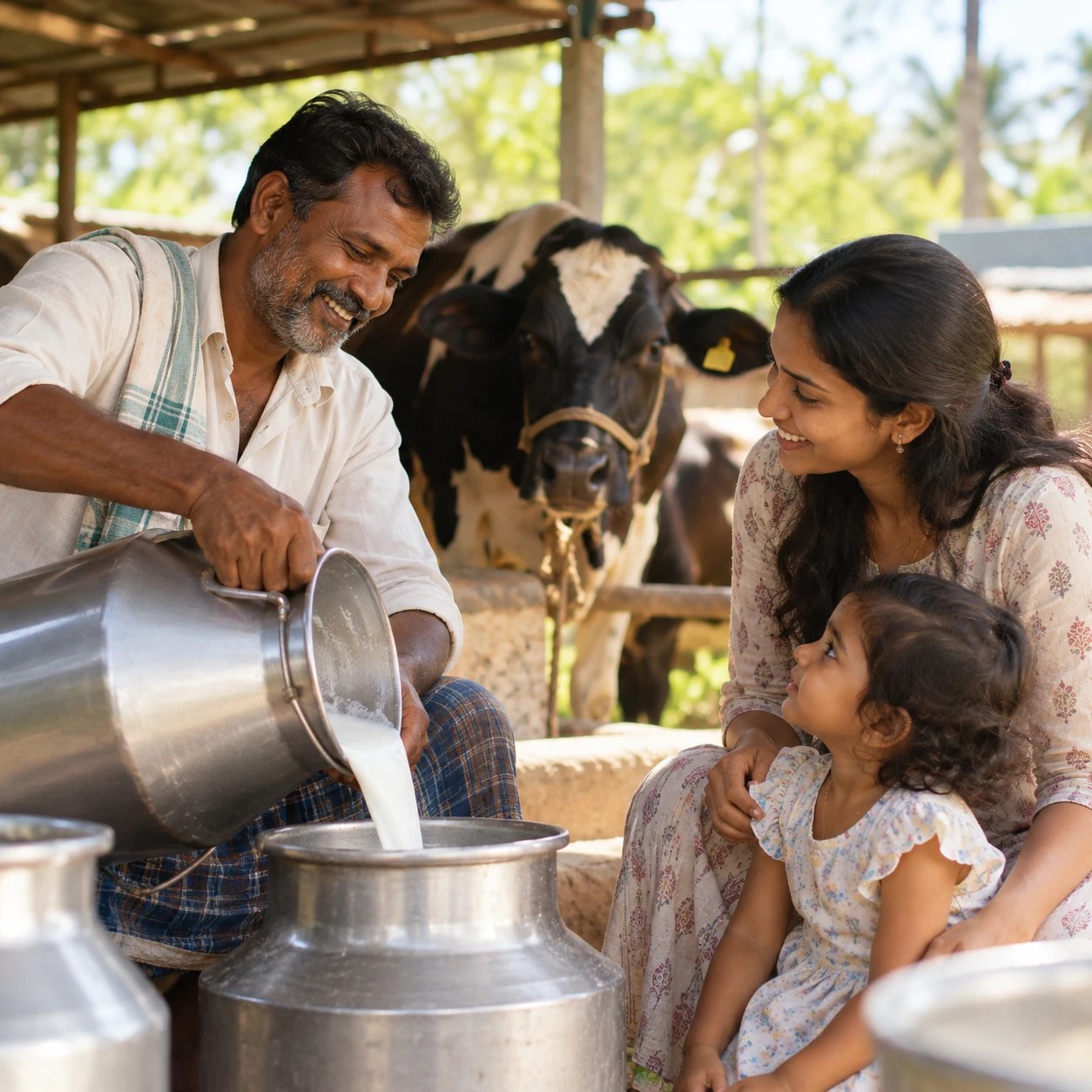 A farmer pouring fresh milk from a milk can, with his cow and a family looking on